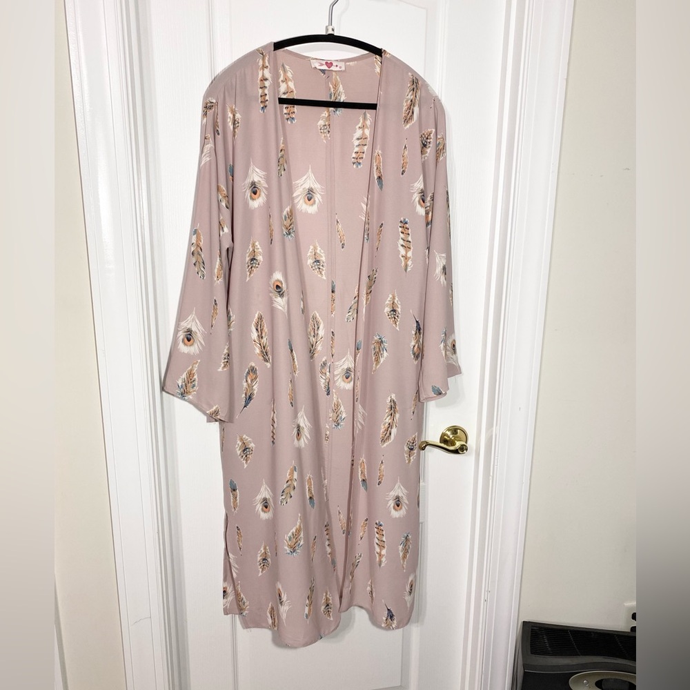 Buddy Love Feather Print Long Sleeve Long Kimono Duster Pink Size M/L